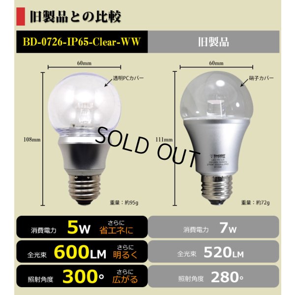 画像2: 【即納】【10個セット】LED電球 防塵 防水 仕様 IP65 フリッカーフリー 口金E26 5W 非調光 白熱電球50W相当 電球色 2700K 照射角度300° クリアタイプ 2年保証
