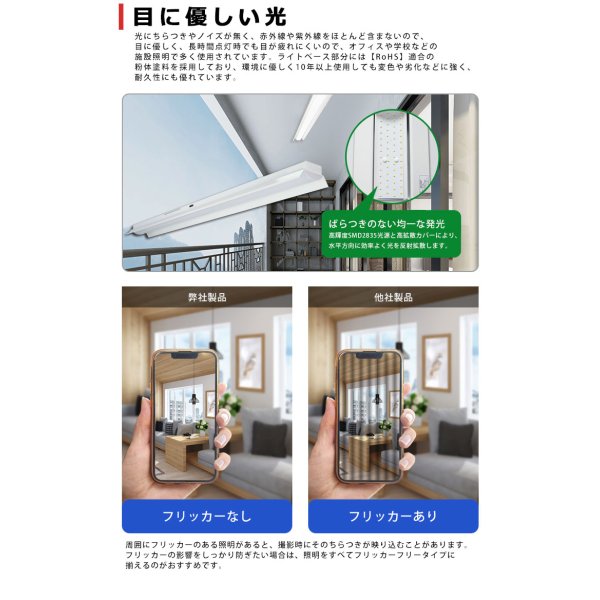 画像5: 【即納】【3年保証】LEDベースライト 蛍光灯 40W型 2灯相当 32.5W 5200lm 笠付トラフ型 傘付き 器具一体型 直管タイプ 天井直付け 高輝度 演色性Ra84 昼白色(5000K)/昼光色(6000K) 照射角度180° 薄型 フリッカーフリー ノイズレス 同梱不可