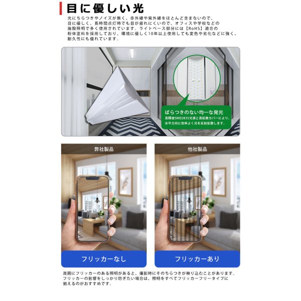 画像5: 【3年保証】LEDベースライト 幅230mm ワイドタイプ 蛍光灯 40W型 2灯相当 32.5W 5200lm 逆富士型 器具一体型 直管タイプ 天井直付け 高輝度 演色性Ra84 昼白色(5000K)/昼光色(6000K) 照射角度180° 薄型 フリッカーフリー ノイズレス 同梱不可