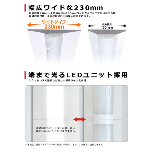 画像4: 【3年保証】LEDベースライト 幅230mm ワイドタイプ 蛍光灯 40W型 2灯相当 50W 8000lm 逆富士型 器具一体型 直管タイプ 天井直付け 高輝度 演色性Ra84 昼白色(5000K)/昼光色(6000K) 照射角度180° 薄型 フリッカーフリー ノイズレス 同梱不可