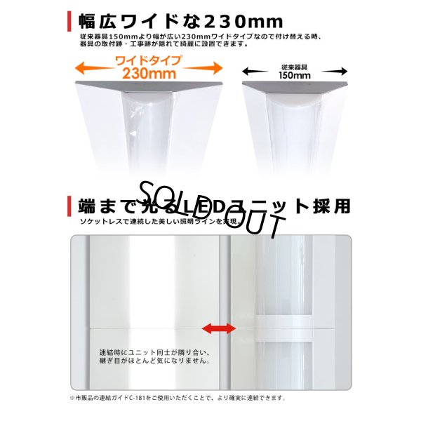 画像4: 【3年保証】LEDベースライト 幅230mm ワイドタイプ 蛍光灯 40W型 2灯相当 50W 8000lm 逆富士型 器具一体型 直管タイプ 天井直付け 高輝度 演色性Ra84 昼白色(5000K)/昼光色(6000K) 照射角度180° 薄型 フリッカーフリー ノイズレス 同梱不可