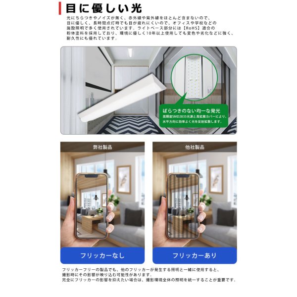 画像5: 【3年保証】LEDベースライト 高演色 Ra92 蛍光灯 40W型 2灯相当 32.5W 3900lm 逆富士型 器具一体型 直管タイプ 天井直付け 昼白色(5000K) 照射角度180° 薄型 フリッカーフリー ノイズレス 同梱不可