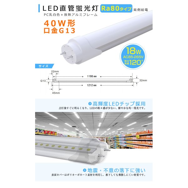 画像2: 送料無料(一部地域を除く) LED蛍光灯Ra80タイプ40W型2本＋器具 逆富士型 蛍光灯器具セット LEDべースライト 40W形 2灯式 照明器具 天井 直管 LED蛍光灯 18W　口金G13　演色性Ra80　従来型40W相当　2400lm　昼白色5000K　両側給電方式 + LED蛍光灯照明器具 逆富士型40W2灯式タイプ OKT8A-02　2年保証　同梱不可