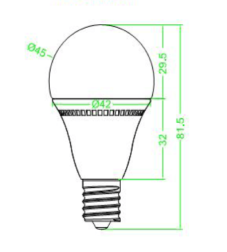 BeeLIGHTのLED電球「BD-0417MC」の姿図。