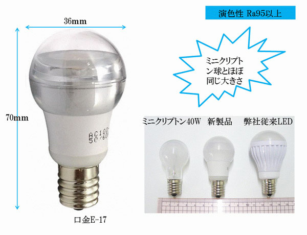BeeLIGHTのLED電球「BD-0517N-Ra95-CL」とミニクリプトン40W、従来型LEDとのサイズ比較写真。