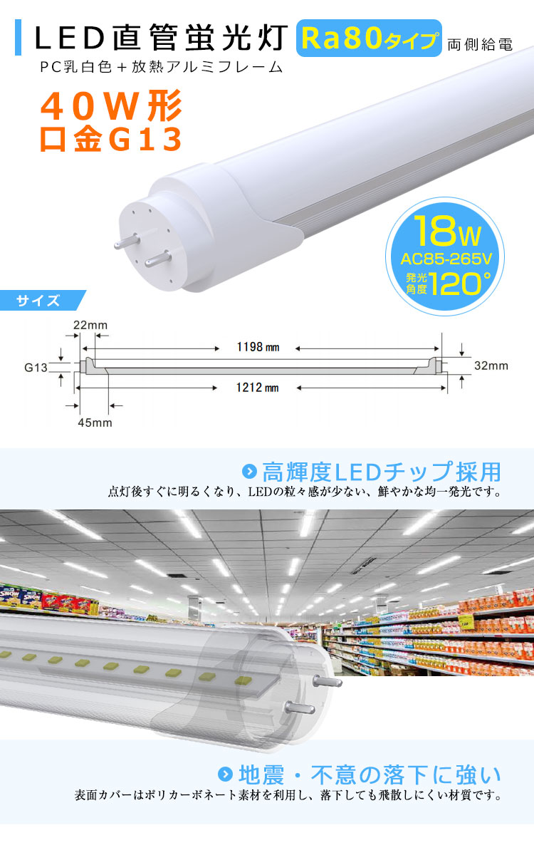 LED蛍光灯 Ra80タイプ「T8-F120-120SSS-18W×2本」とLED蛍光灯器具「OKT8A-02」セット