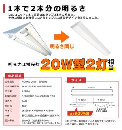 画像3: 【3年保証】LEDベースライト 蛍光灯 20W型 2灯相当 16W 2560lm 逆富士型 器具一体型 直管タイプ 天井直付け 高輝度 演色性Ra84 昼白色(5000K)/昼光色(6000K) 照射角度180° 薄型 フリッカーフリー ノイズレス 同梱不可